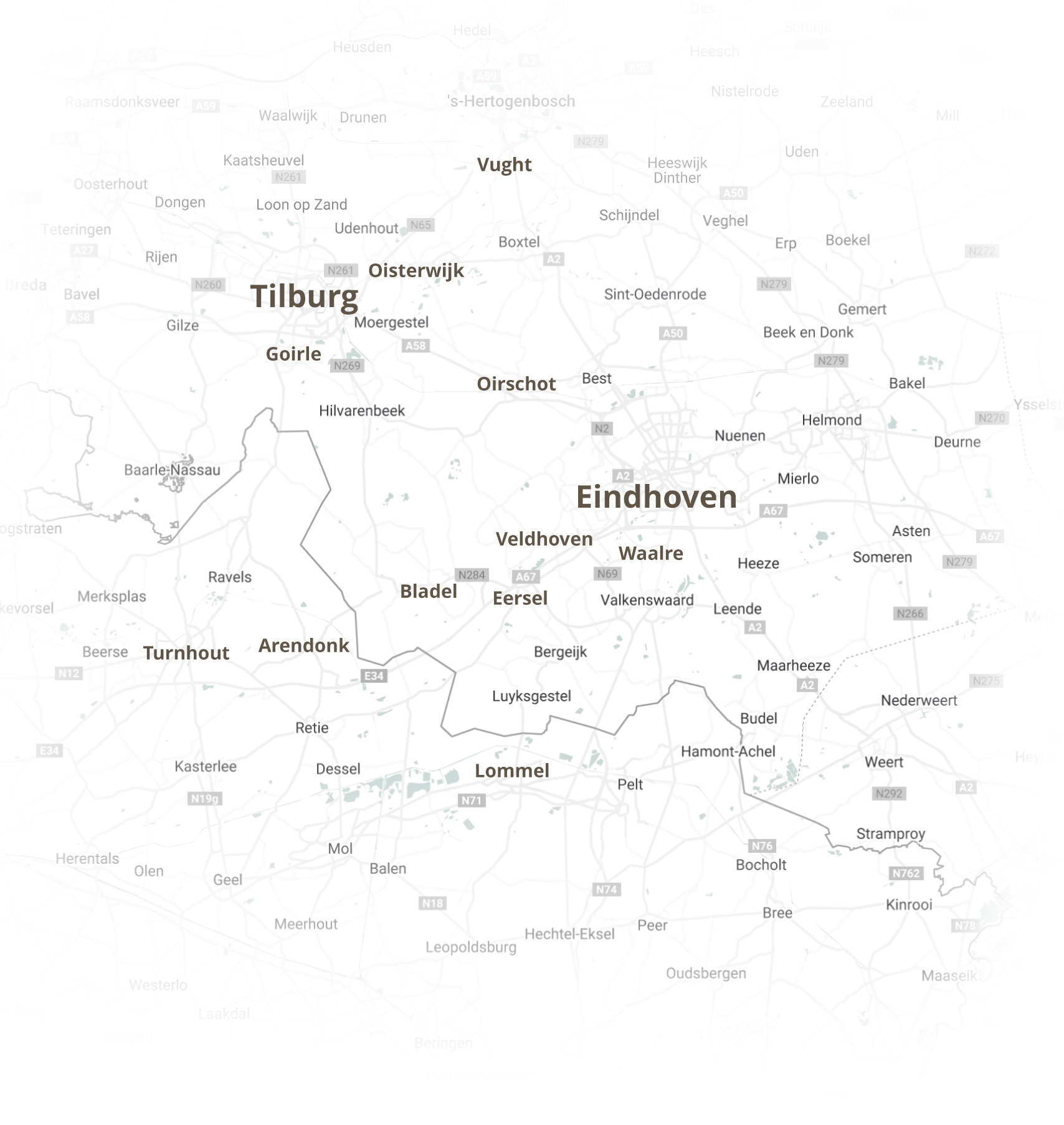 Kaart van Brabant met de werkgebieden van Rietdekkers van Brabant